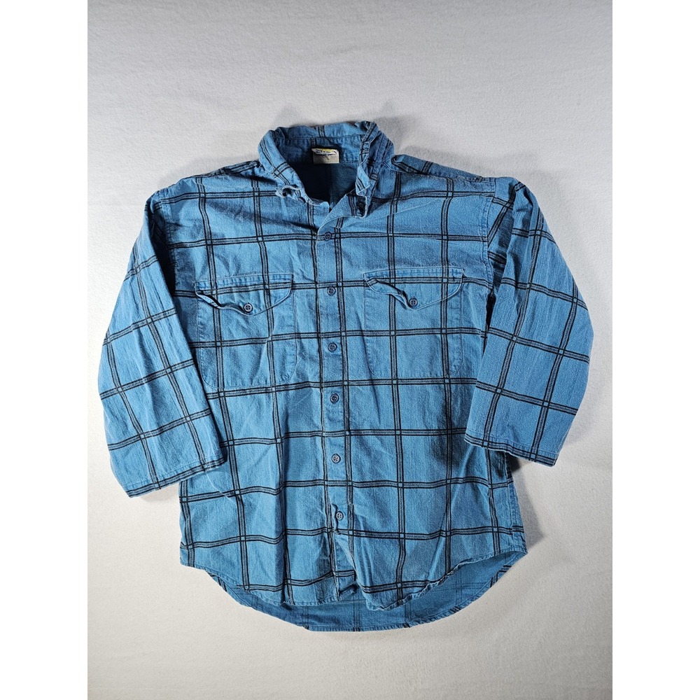 Vintage Shah Safari Button Up Shirt Blue Black Grid Pattern SMALL Made in India